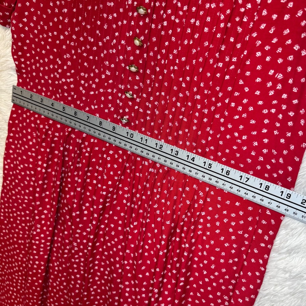 VTG Sunshine Starshine Red 80's Print Dress Peter Pan Collar Pleated sz 12 - Picture 9 of 10